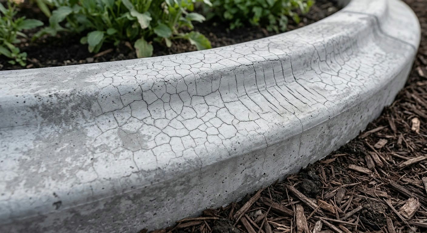 Craze cracking across the top of an unprotected concrete curb