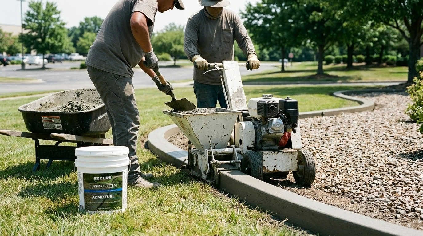 Crew running a curbing machine on a fresh landscape curb