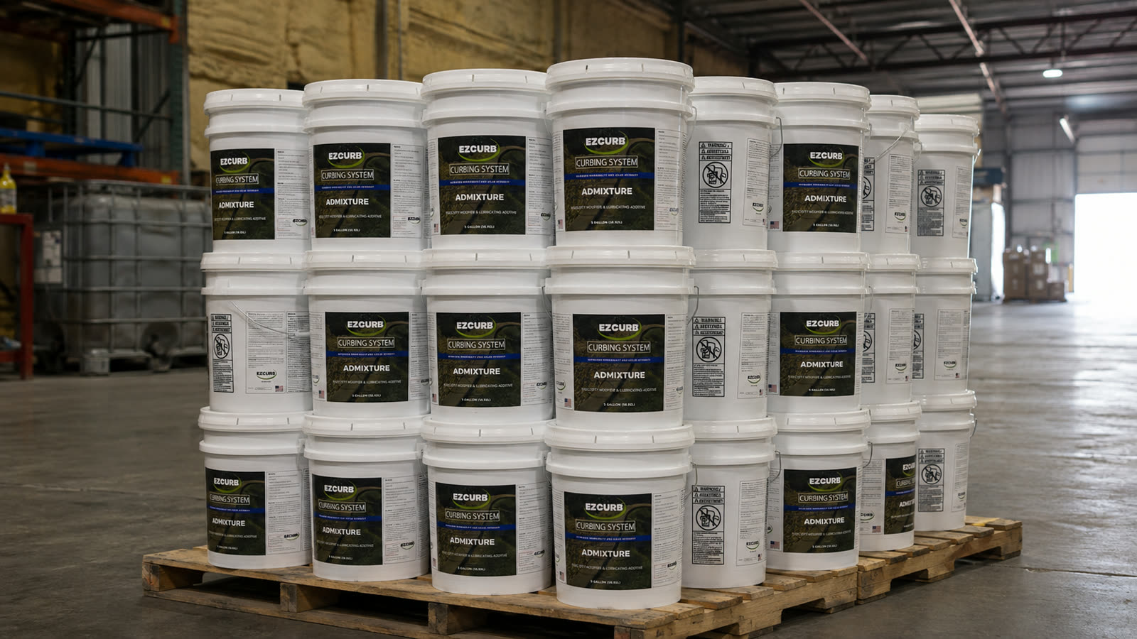 A pallet of EZCURB Admixture pails in the Specco warehouse