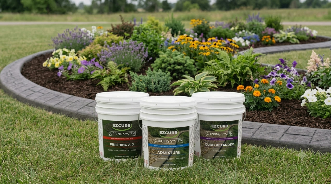 The three Heat Wave pails in front of a finished curb