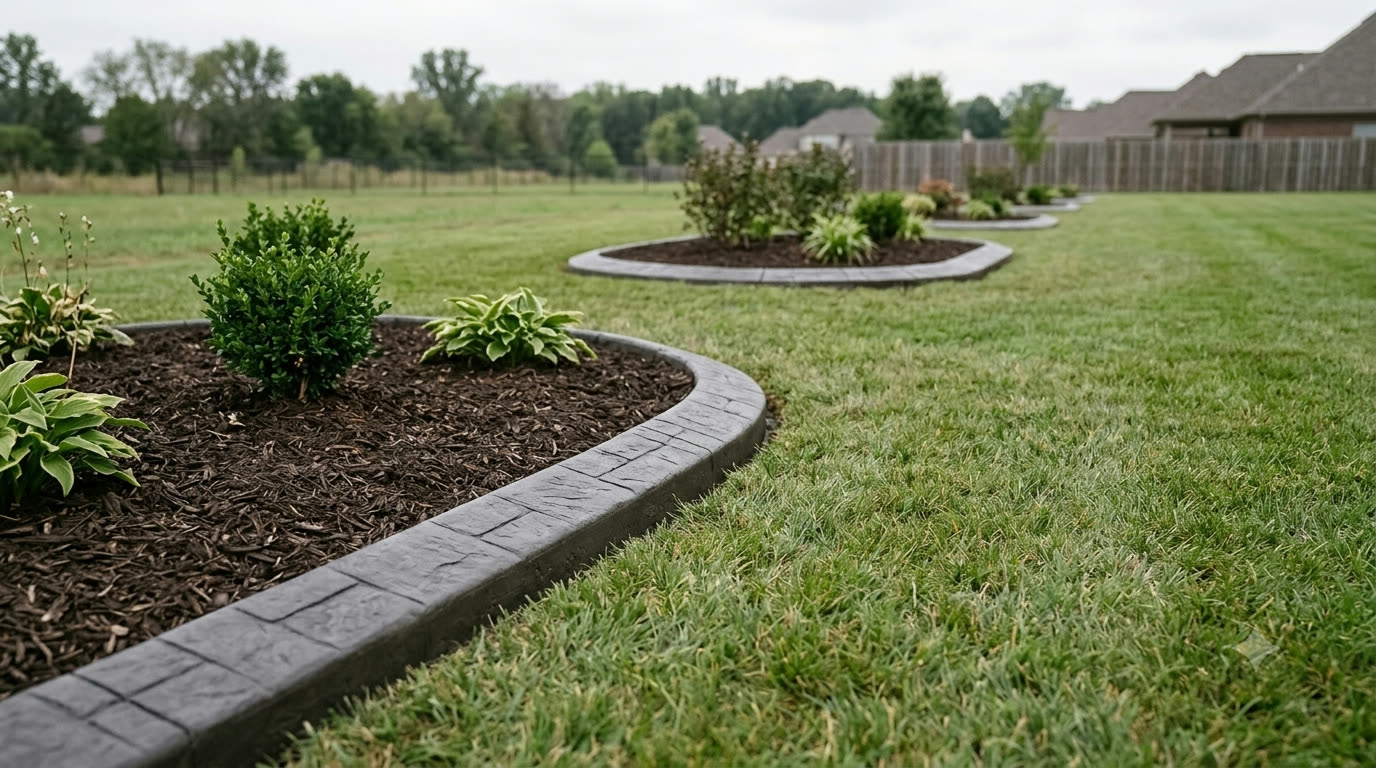 Finished stamped curbs holding their color across a landscaped yard